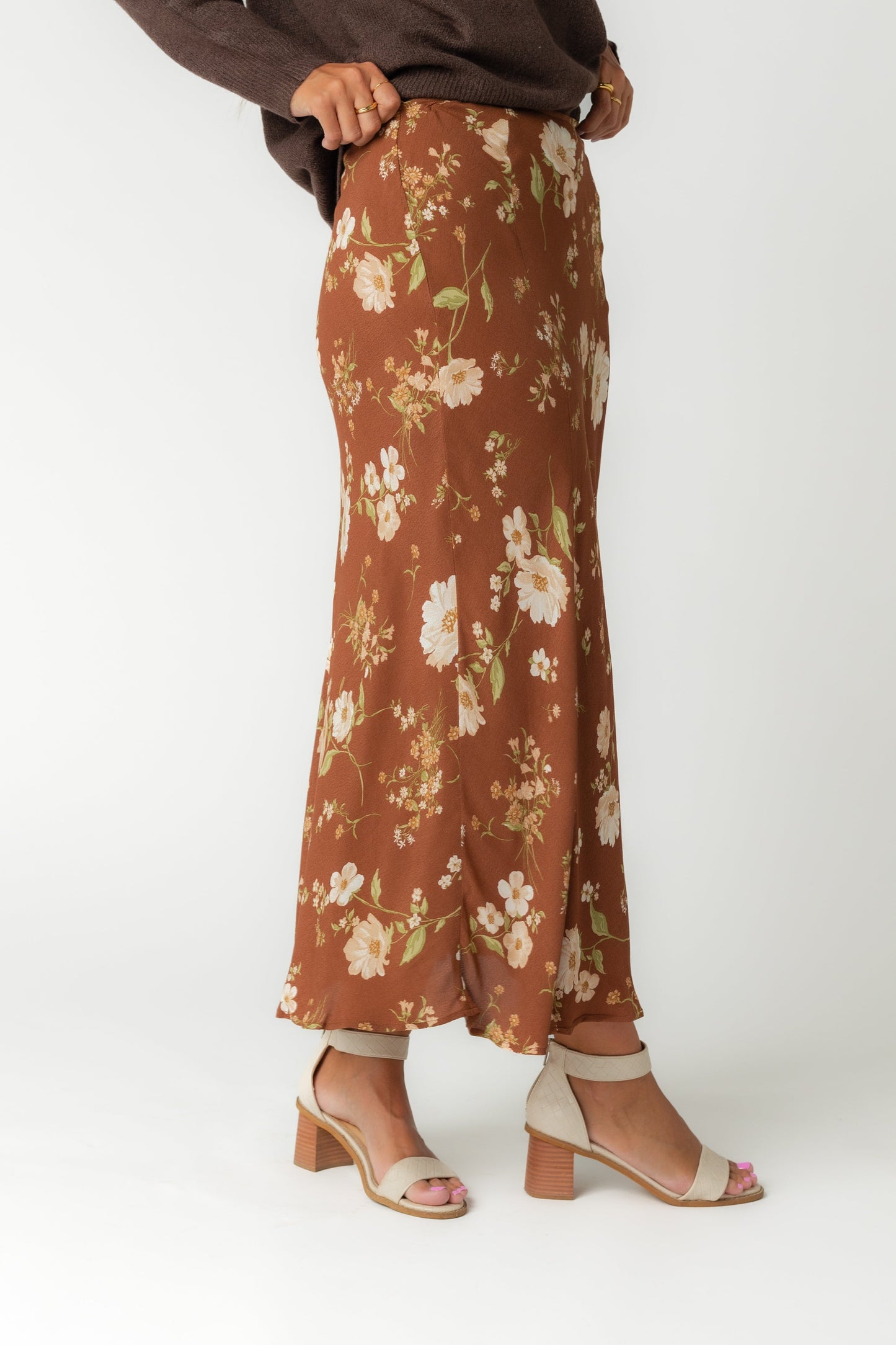 Brown floral print midi skirt