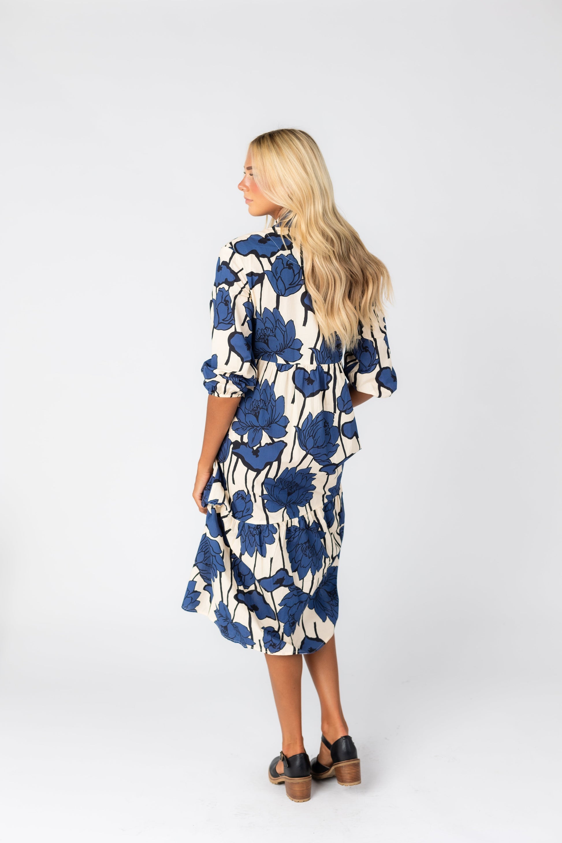 Back view of blue bold print maxi