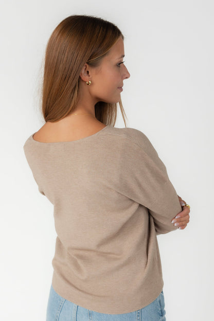 Back view of mocha long sleeve sweater