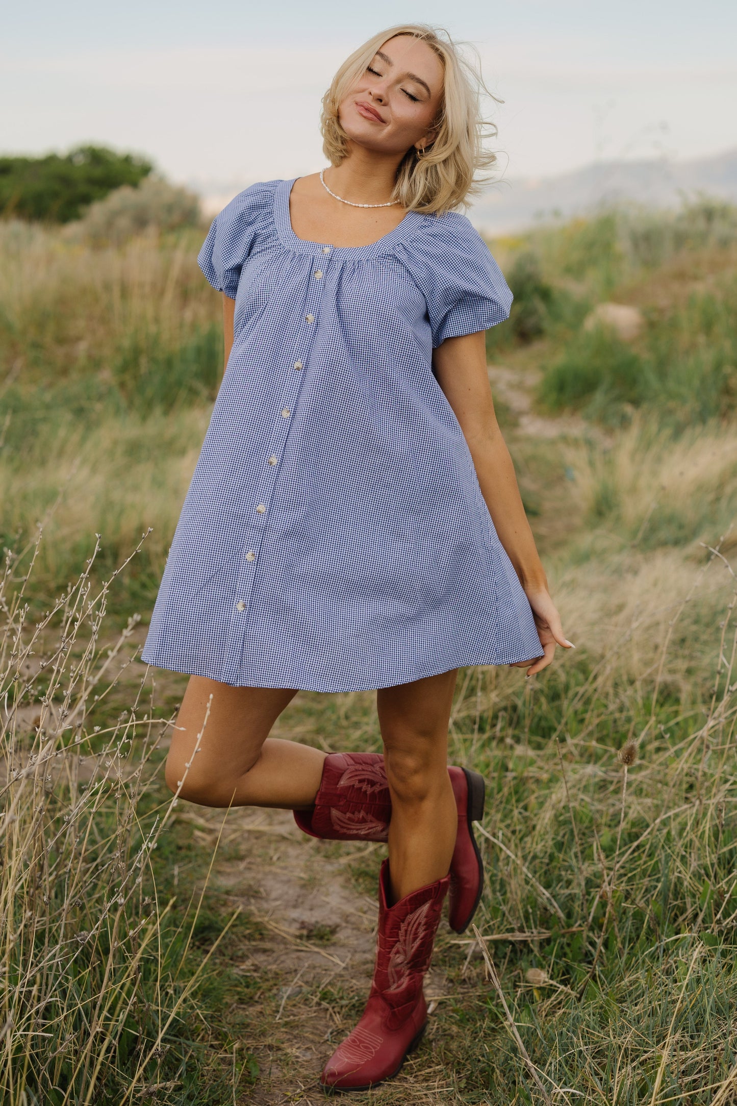 Brass & Roe Ellie Dress in navy & white gingham for women and teenage girls.