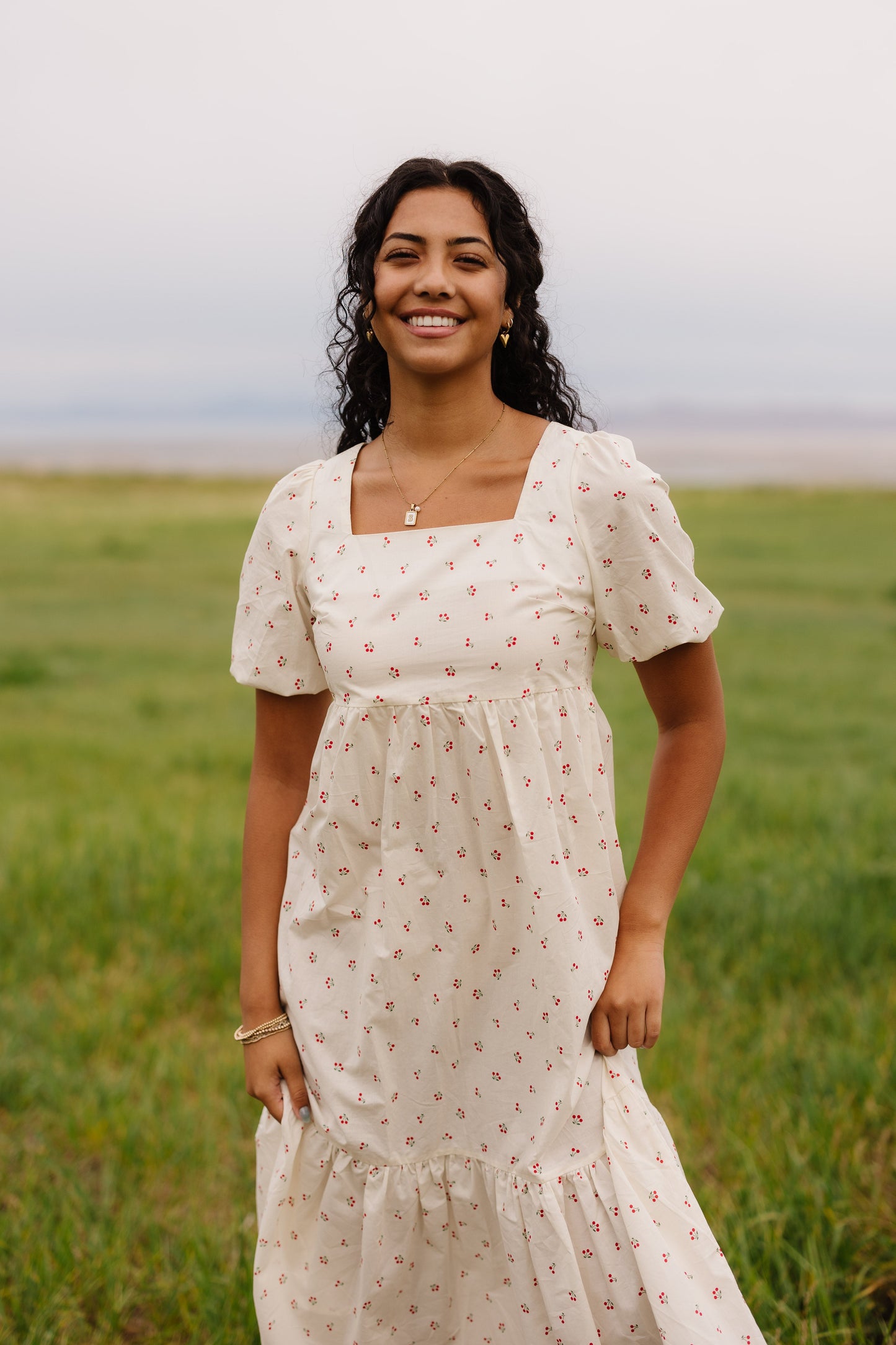 Brass & Roe Cherry Square Neck Dress in ivory
