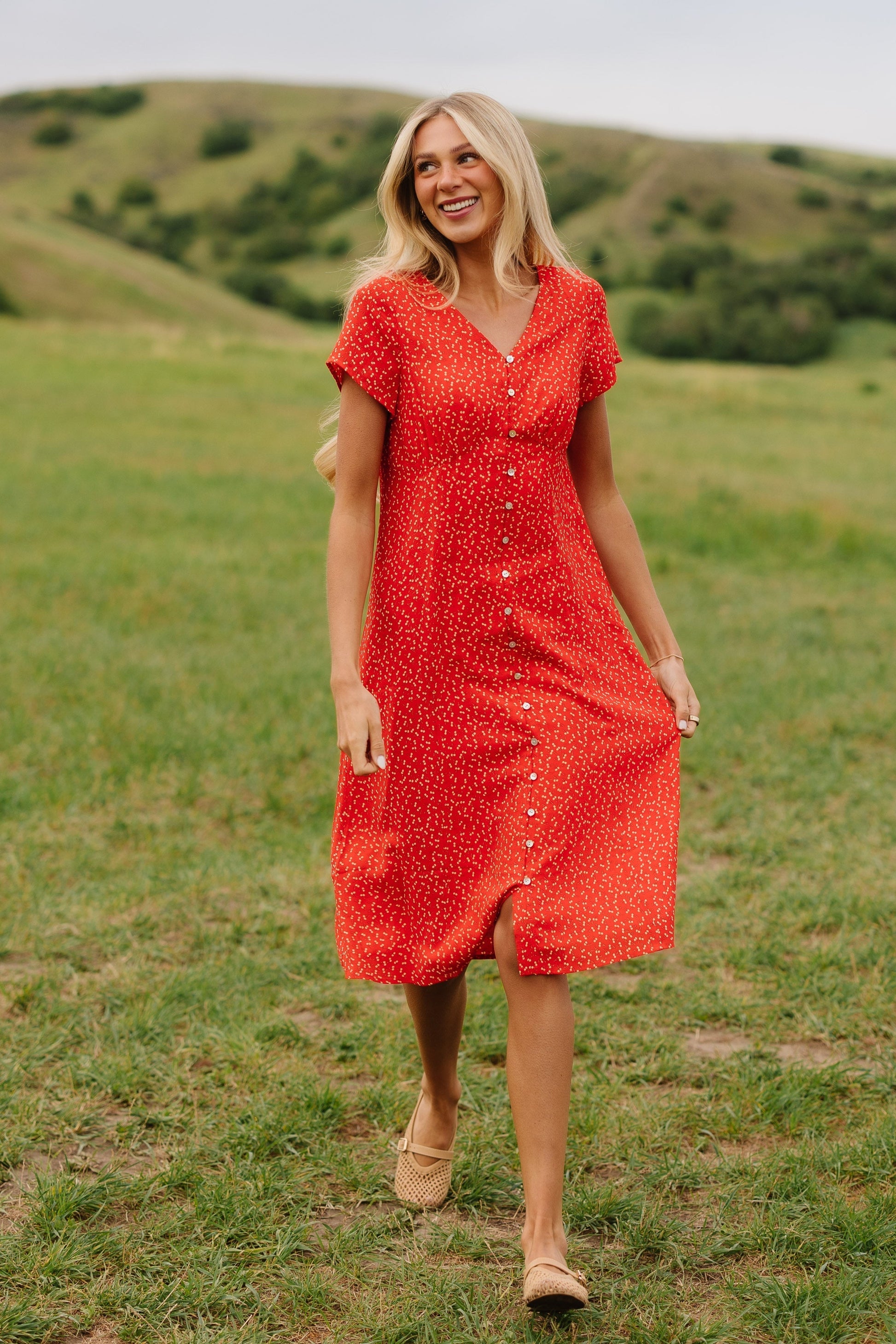 Red cherry print button down midi