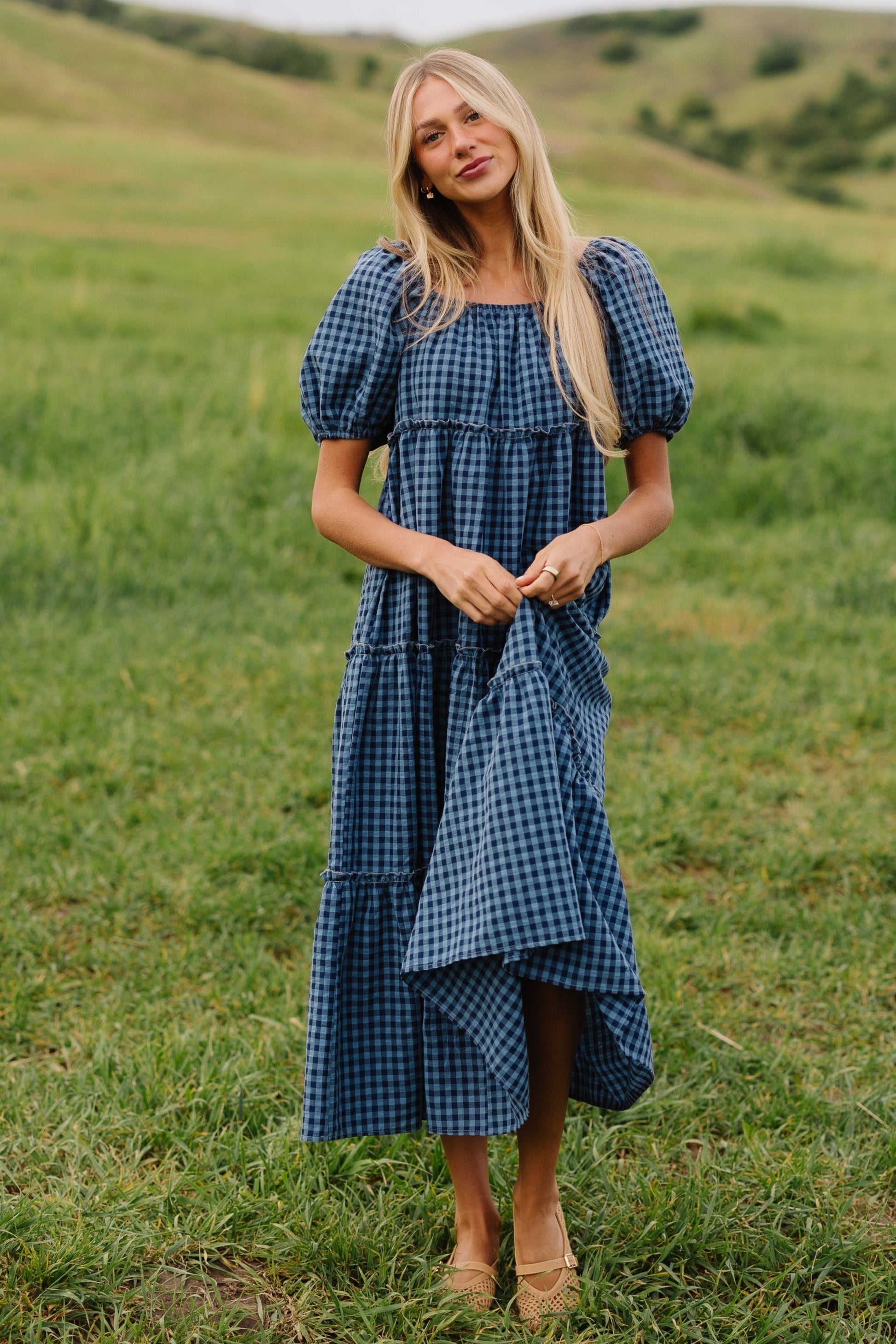 gingham tiered midi dress NURSING COLLECTION: Love Found Light Blue Gingham Tiered Midi Dress, 1X - The Mint Julep Boutique