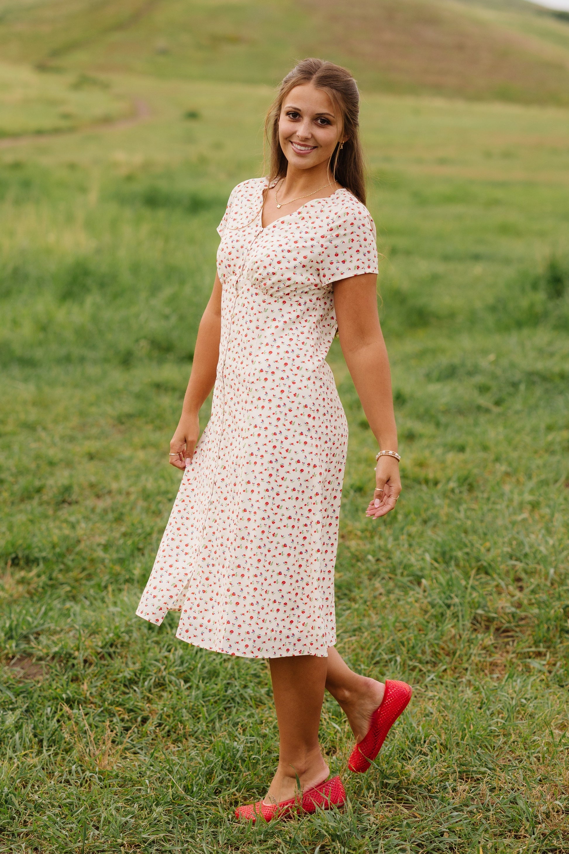 Cream print button down midi