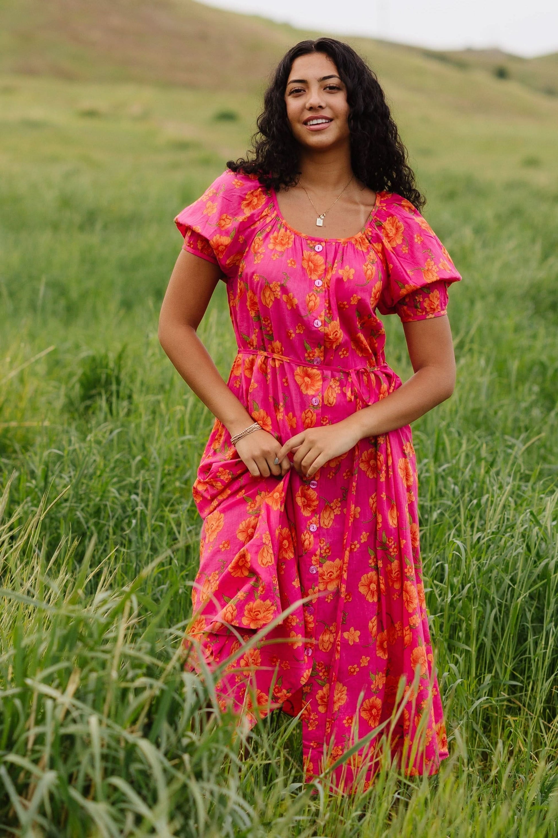 citrus midi dress Modest Citrus Mali Midi Dress Pink Flower Print / S