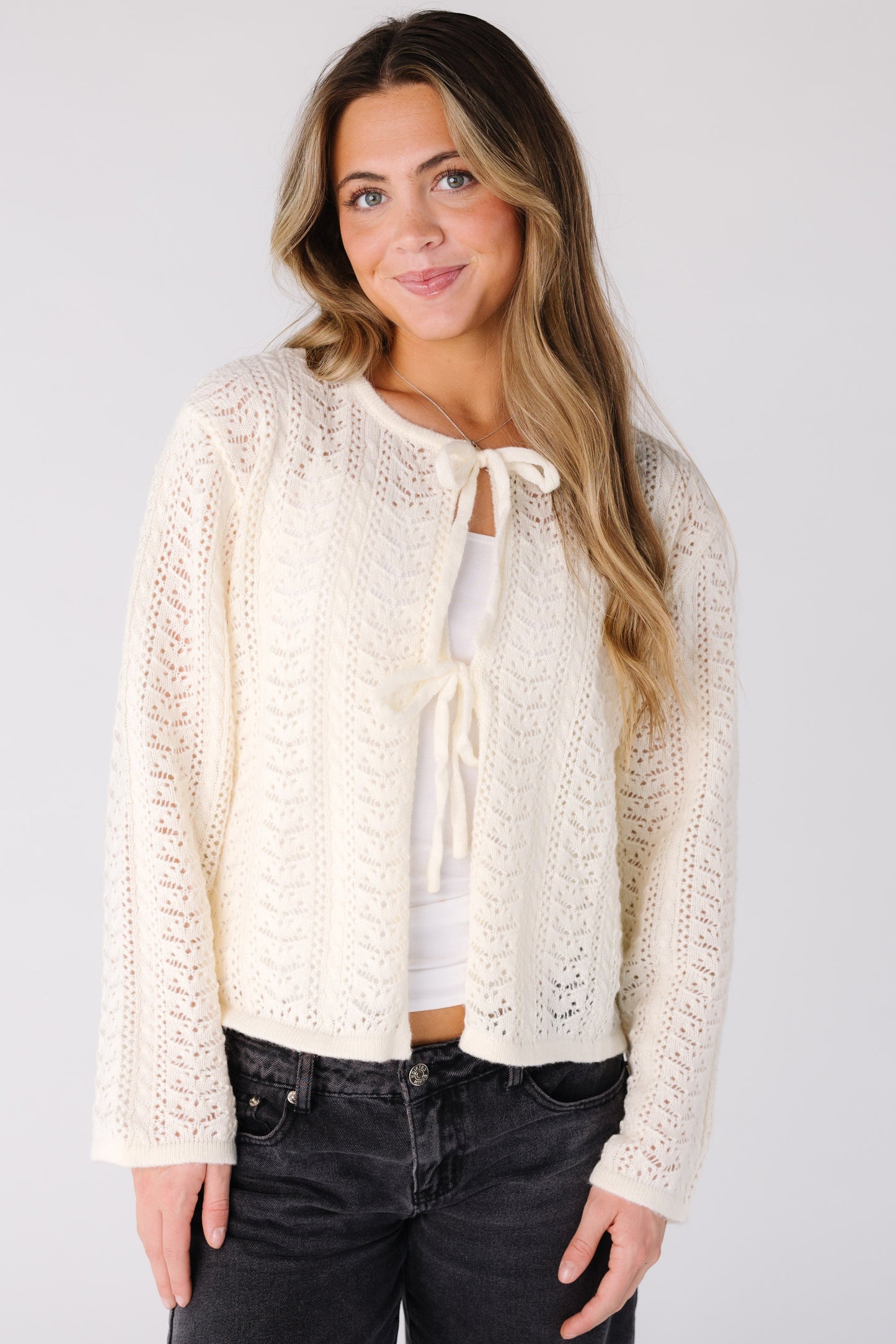 Crocheted Tied Up Cardigan for women and teens in cream