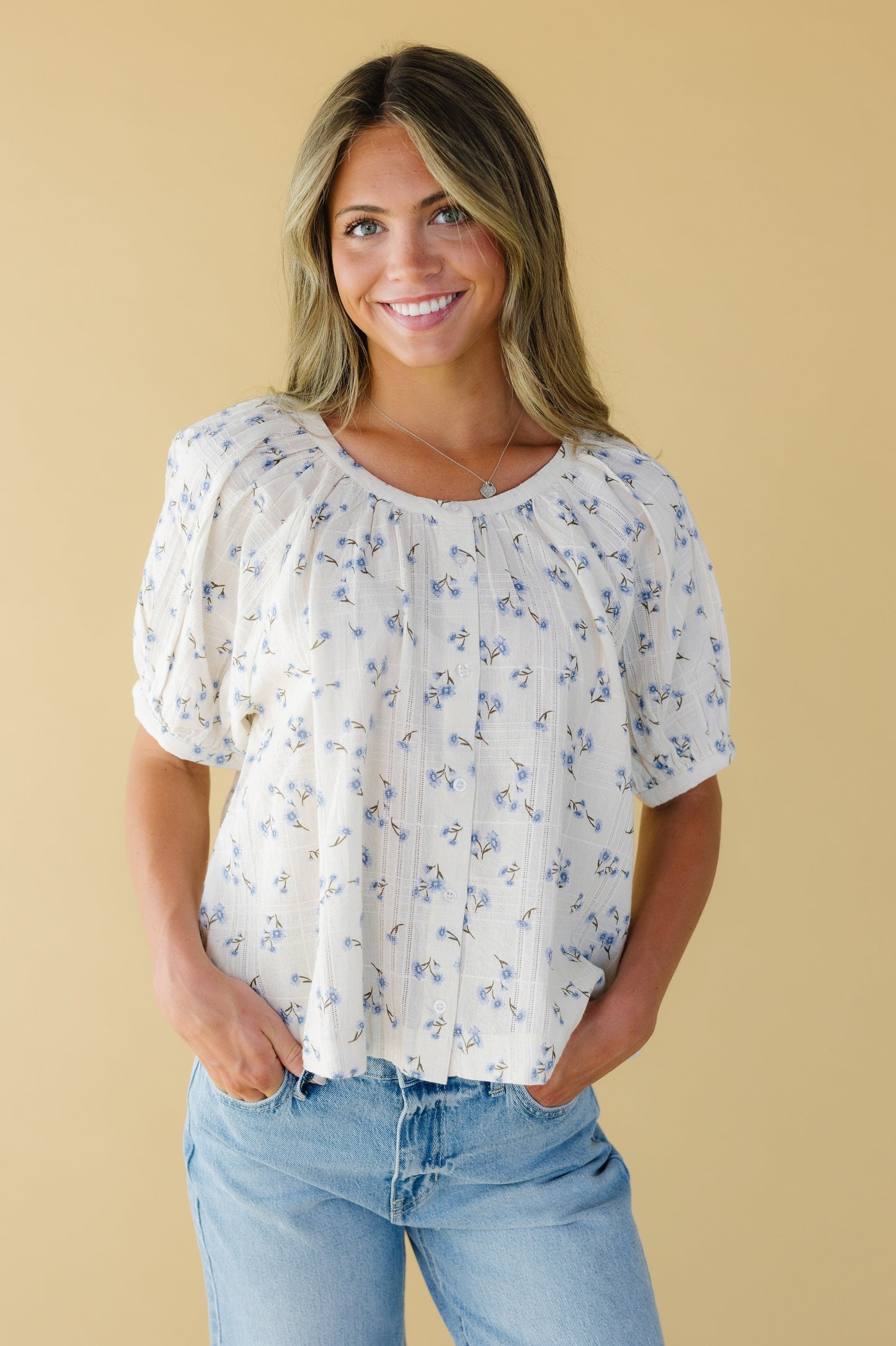 Citrus Southtown Button Top WOMEN'S TOP Citrus Blue Floral XS 