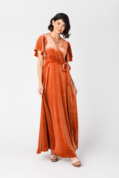 Rust velvet wrap maxi dress with short flutter sleeves