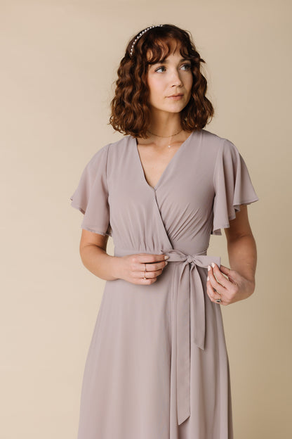 Brass and Roe modest taupe wrap maxi dress for bridesmaids