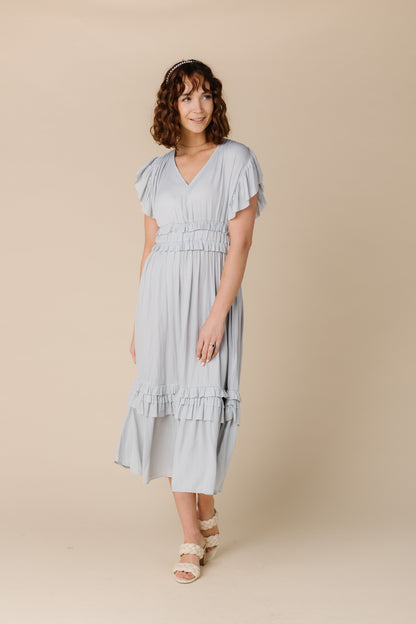 Light grey modest V-neckline bridesmaid dress