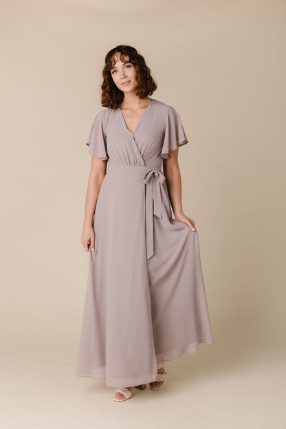 Taupe wrap modest bridesmaid dress with short flutter sleeves