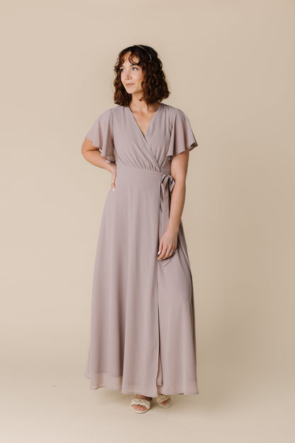 Modest taupe chiffon bridesmaid dress with short sleeves