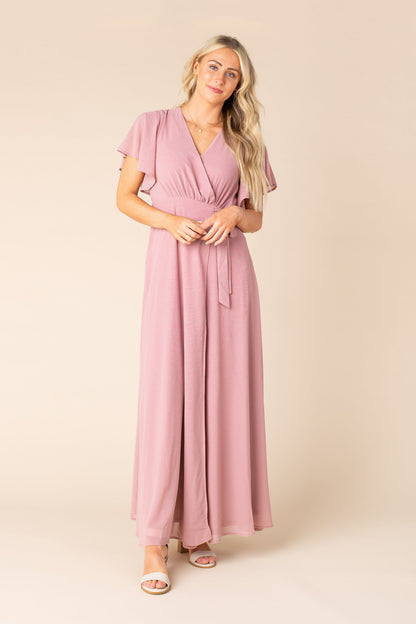 Modest Brass and Roe chiffon wrap maxi in rose with short sleeves