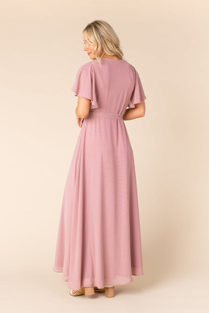 Back view of rose flutter sleeve maxi dress