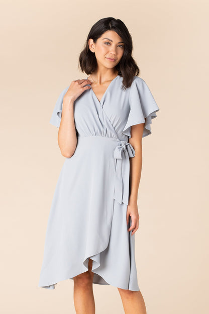 Dust blue modest wrap bridesmaid dress