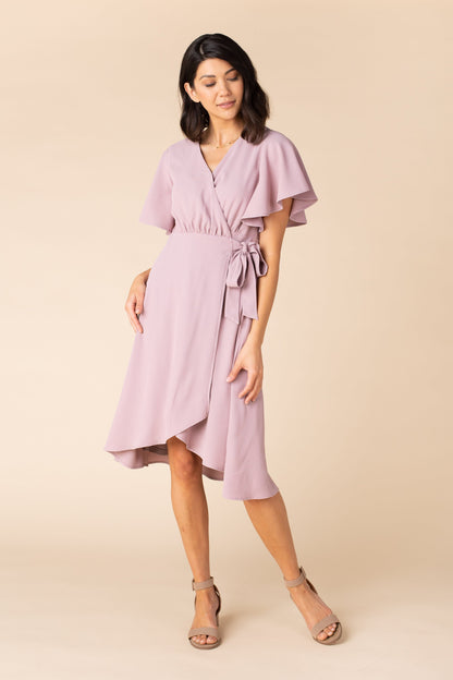 Daphne mauve wrap dress with flutter sleeves