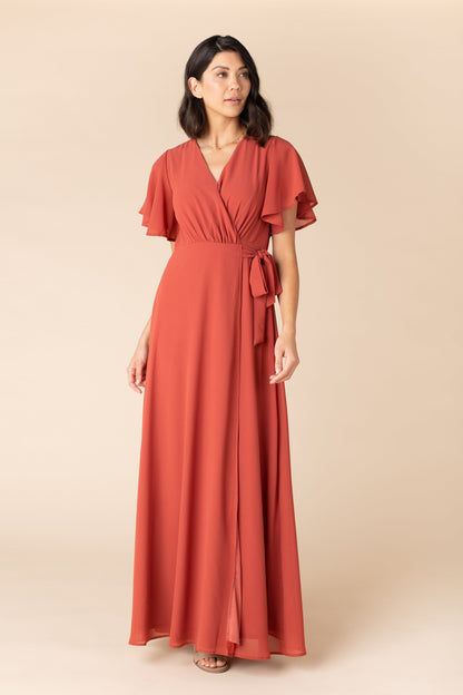 Rust clay modest bridesmaid dress with tie belt