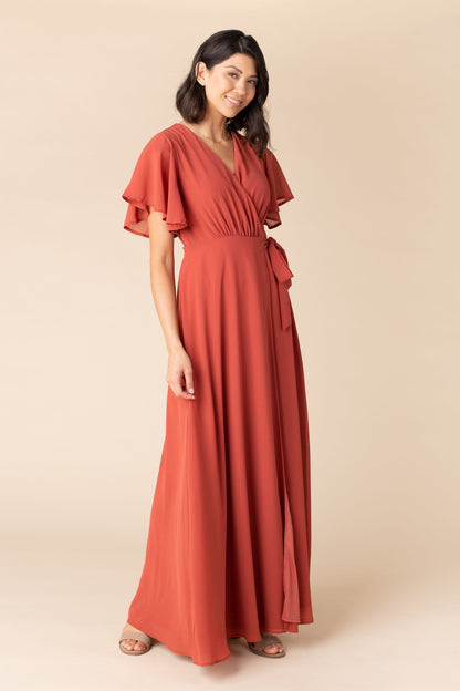 Brass and Roe modest chiffon bridesmaid dress in rust clay