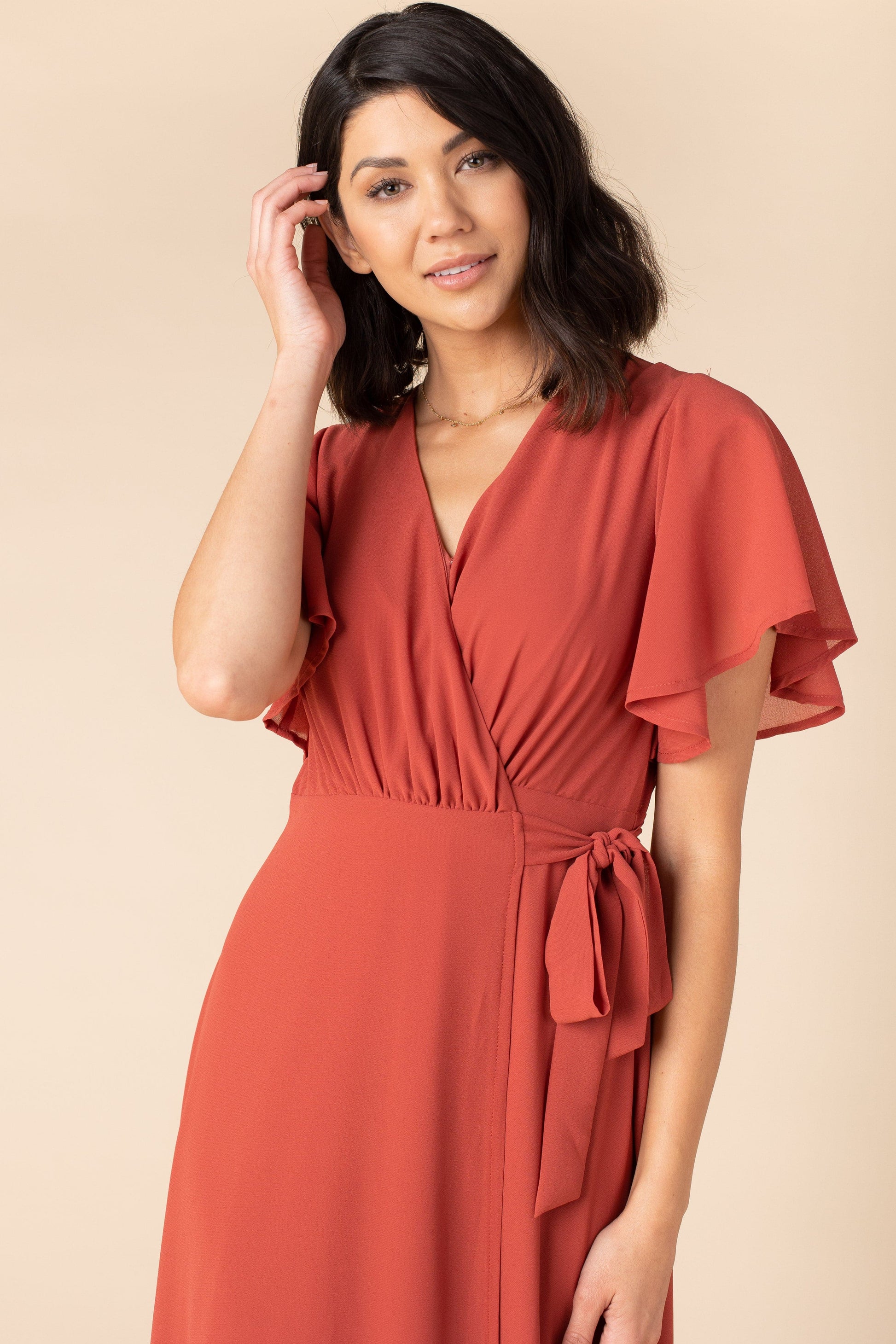 Naples Flutter Sleeve Wrap Maxi - Clay Red Bridesmaid Dress Arbor Clay Red L 