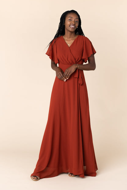 Brass and Roe modest chiffon bridesmaid dress in rust