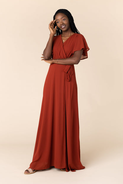 Modest Brass and Roe rust chiffon bridesmaid  maxi dress