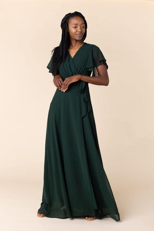 Naples Flutter Sleeve Wrap Maxi - Forest Green Bridesmaid Dress Arbor Forest Green L 