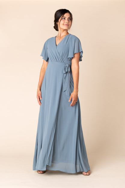 Modest bridesmaid dress in dusty blue