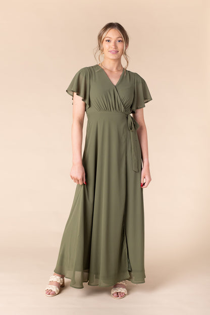 Modest bridesmaid dress in moss chiffon with flutter sleeves