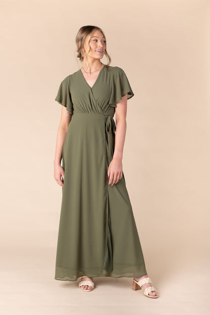 Moss bridesmaid dress with flutter sleeves