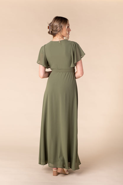 Back view of moss chiffon maxi bridesmaid dress