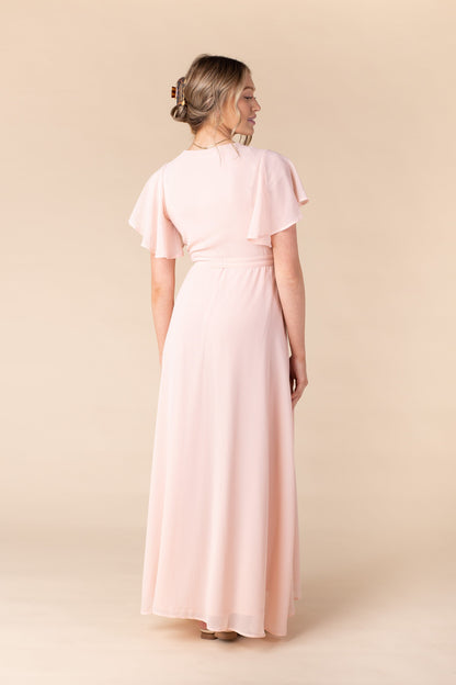 Back view of peach blush maxi dress