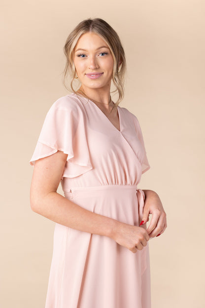 Brass and Roe peach blush modest wrap maxi dress