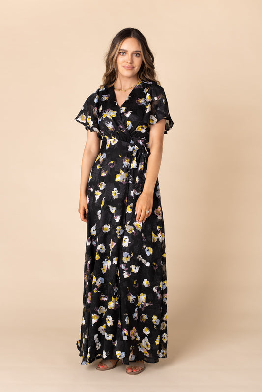 Annabelle Wrap Dress - Black Modest print floral bridesmaid  dress