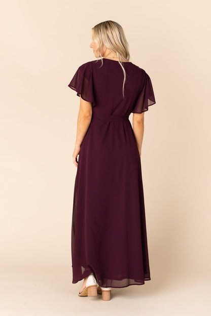 Back view of wine chiffon maxi bridesmaid dress with flutter sleeves