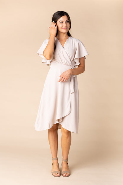 Daphne knee length wrap bridesmaid dress