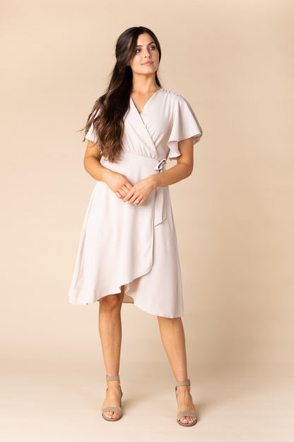 Daphne wrap bridesmaid dress in taupe