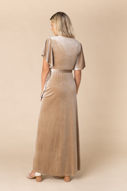 Back view of honey velvet wrap maxi