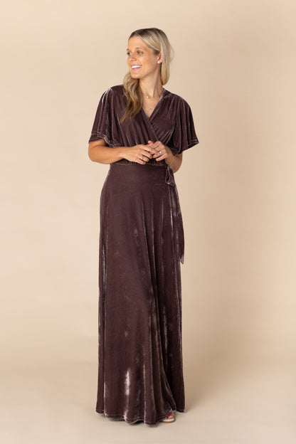 Brass and Roe modest purple bridesmaid dress