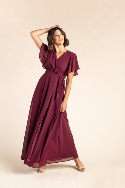 Burgundy chiffon maxi bridesmaid dress in burgundy