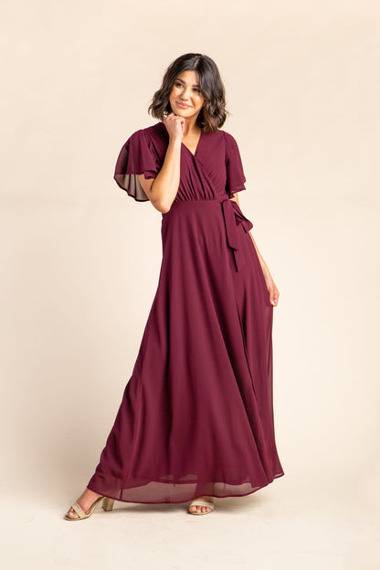 Burgundy chiffon maxi bridesmaid dress with flutter sleeves