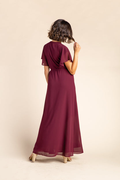 Back view of burgundy chiffon maxi in burgundy